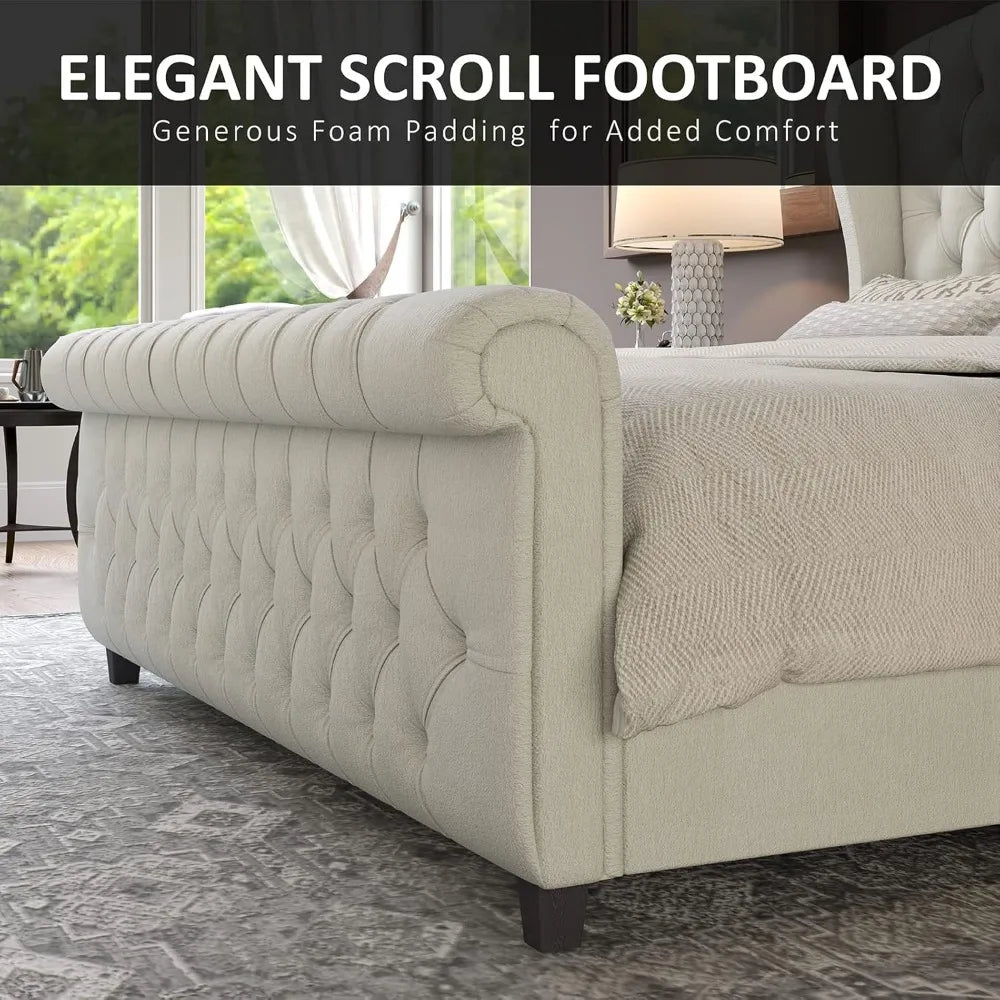 Queen Size Platform Bed Frame, Chenille Upholstered Sleigh Beds with Scroll Wingback Headboard & Footboard Bed Frame