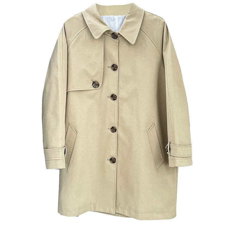 Women's Washed Cotton Trench Coat, Single Breasted, Medium Long, British Wind Outerwear, Loose, Plus Size, Autumn, New, 2311