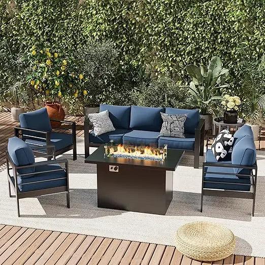 Patio Furniture Set, with Fire Pit, 7 Seats Modern Outdoor Furnitures with Thickness 5" Cushion, Outdoor Garden Furniture Sets