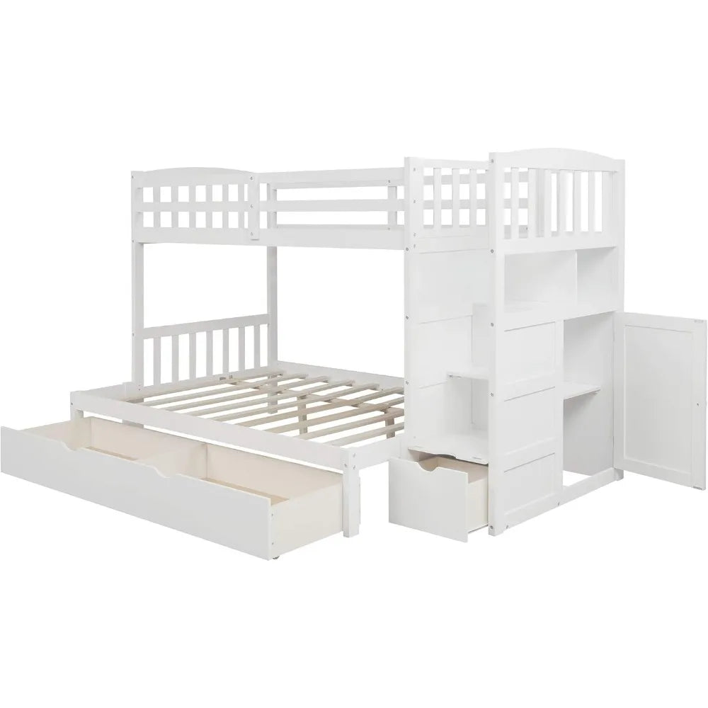 Wood Bunk Bed, with Storage Drawers and Staircase,Convertible Bottom Bed, Twin Over Twin Bunk Beds with Cabinet