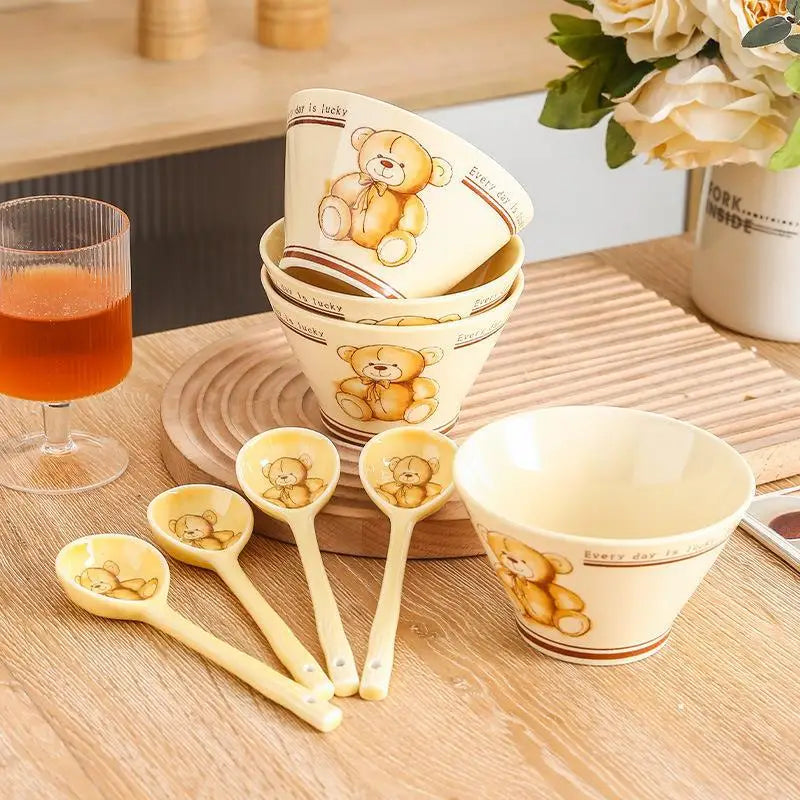 Household Bear Tableware Set Children's Cartoon Rice Bowl Staple Noodle Soup Pot Dinner Steak Plate Dinner Table Soup Tureen