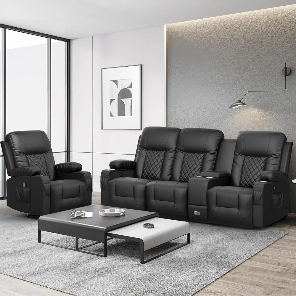 Recliner Sofa Set, Modern 3 Seat Reclining Sofa and 1 Seat 360° Swivel Recliner Chair with Heat and Massage for Living Room