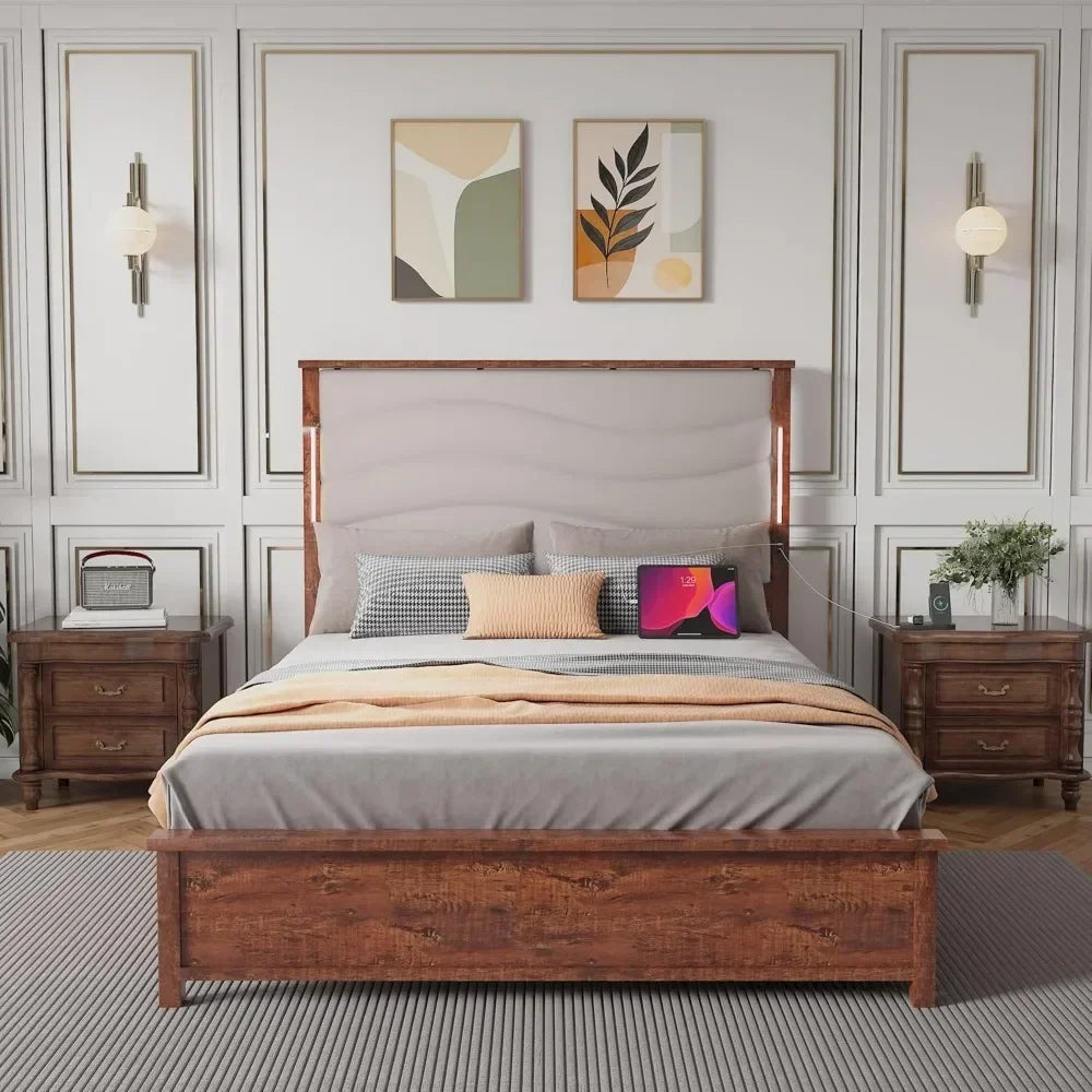 Wooden Bed Frame with Headboard, Boho Bedframe with Charging Station and Led Lights, Upholstered Headboard, Free shipping