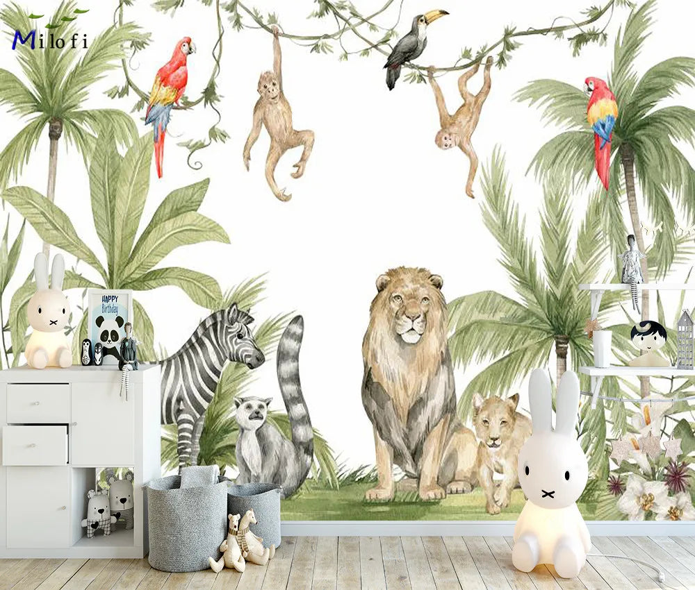 Milofi custom watercolor jungle nursery 3d wallpaper wall mural for kids nursery room 3d animal wallpaper sticker art deco