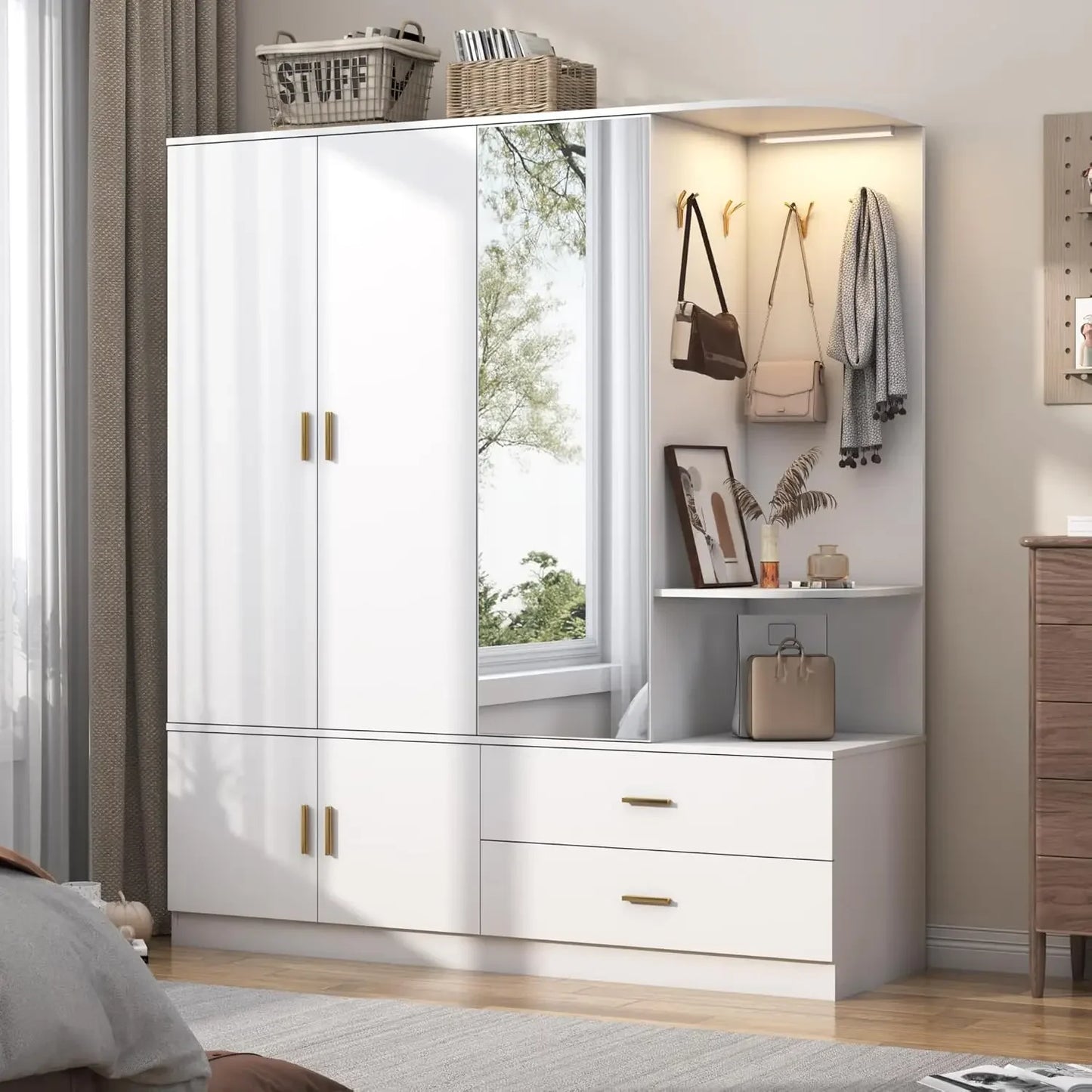 Wardrobe Closet with Mirror and Sensor Light, Armoire with 5 Doors 2 Drawers, Modern Wooden Large Wardrobe Closet with Shelves