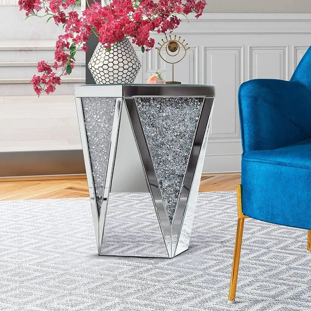 Silver Mirrored End Table, Crystal Inlay Side Table Accent Table, Small Mirrored Coffee Table for Living Room