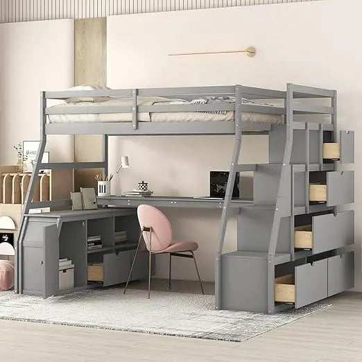 Loft Bed, with Stairs and Desk, with Storage 7 Drawers 2 Shelves, for Kids Teens Adults ,Solid Wood Loft Bed Frame