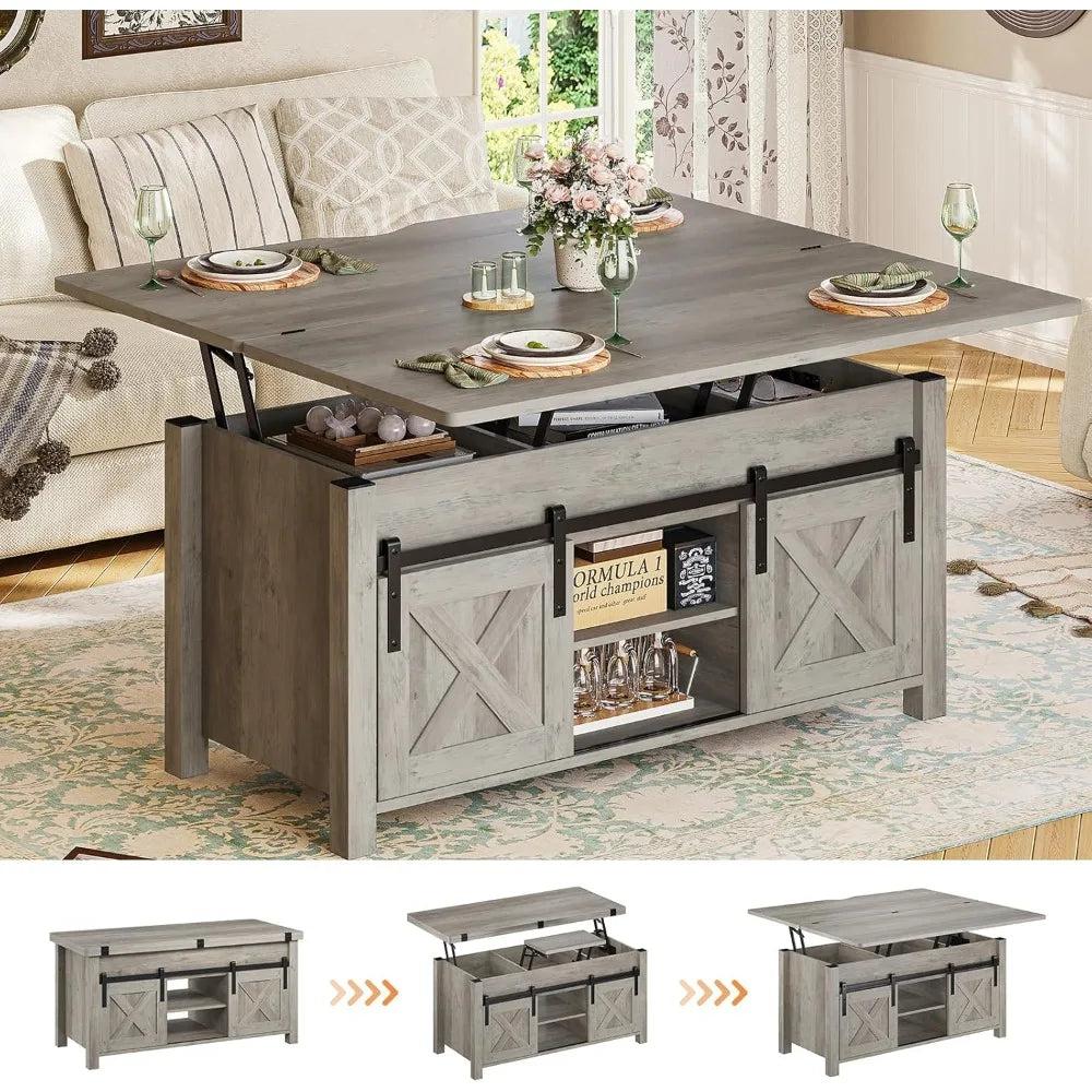 Lift Top,4 in 1 Multi-Function Convertible Coffee Tables with Storage and Hidden Compartment, Farmhouse Converts to Dining Table