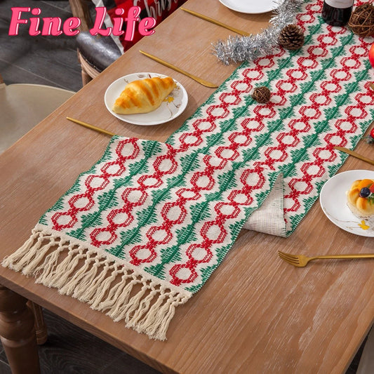 Christmas Table Flag Cotton Woven Two-color Splicing Tassel Holiday Decoration Long Table Runner Cloth American Home Decoration