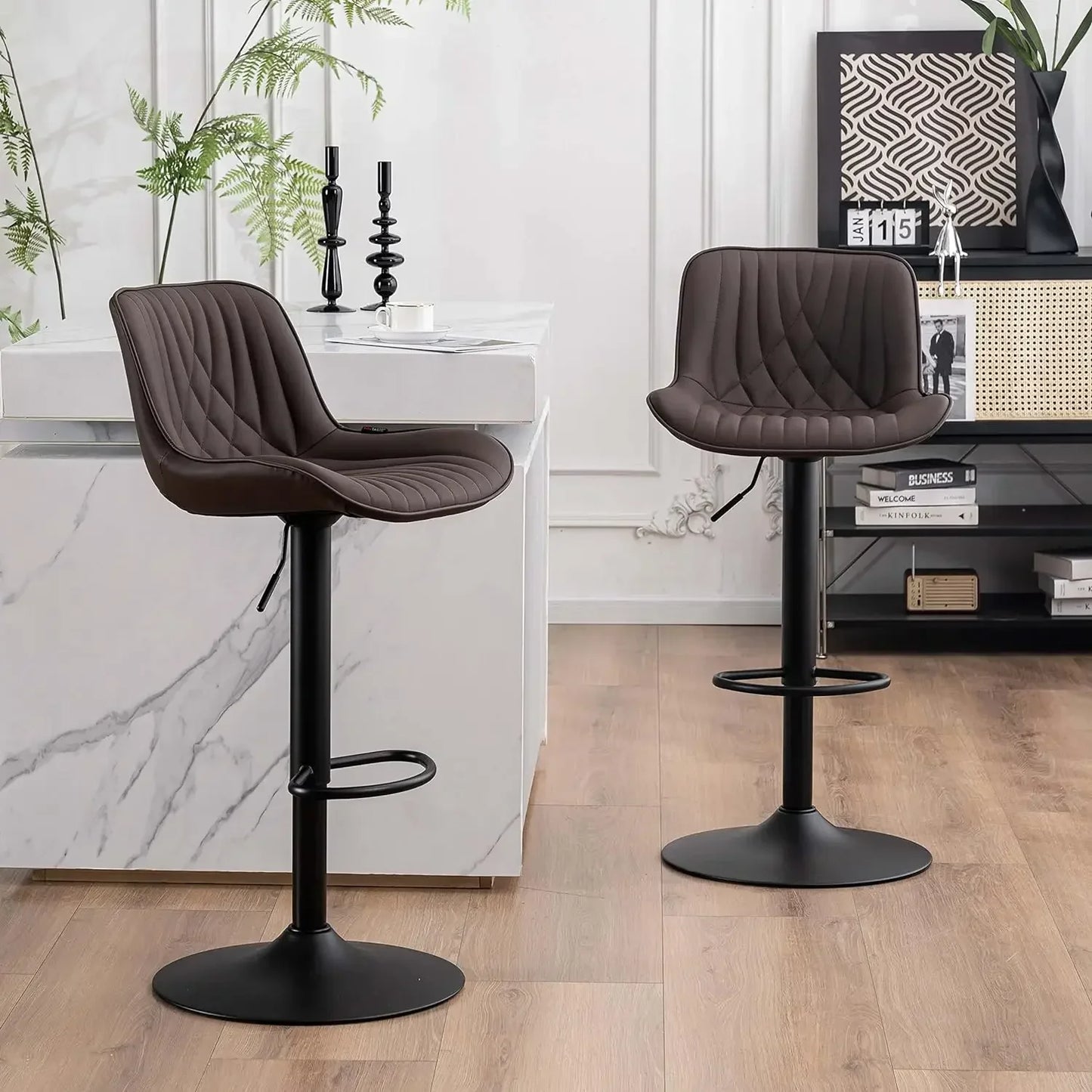 Black Bar Stools Set of 2 Adjustable Swivel Modern Barstools Luxury Upholstered Bar Stool Counter Height Metal Chairs