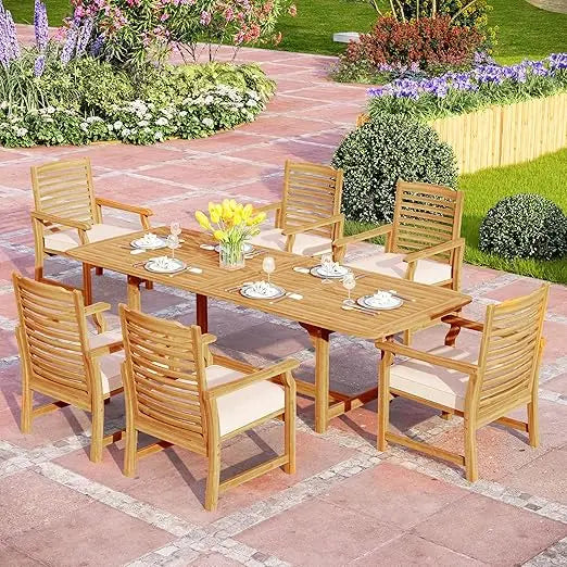 9 Pieces Acacia Wood Patio Dining, Expandable Teak Dining Table & Wooden Chairs with Cushions, Garden Furniture Sets