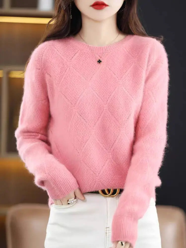 100% Mink cashmere sweater Women's knitting sweater O-neck long sleeve pullover Autumn and winter clothing warm top