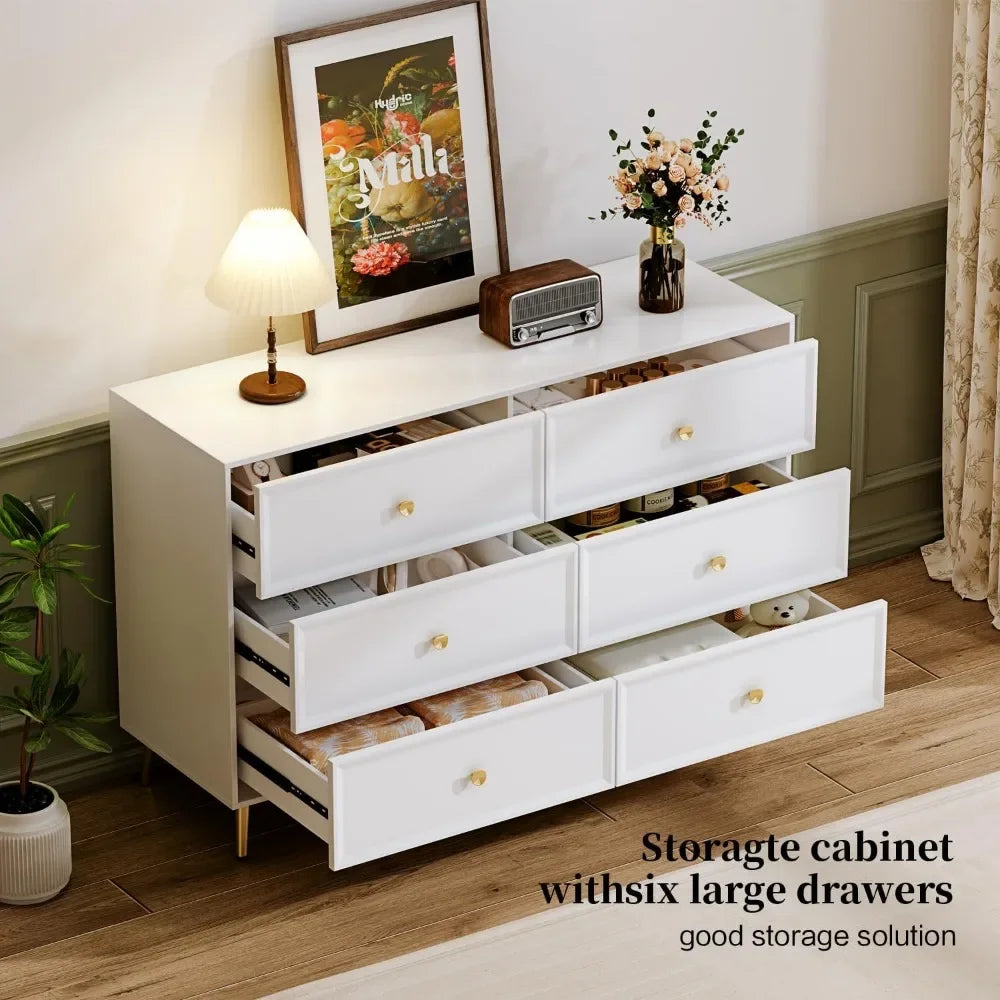 White 6 Drawer Dresser for Bedroom, Large Double Dresser with Wide Drawers, Modern Chest of Drawers