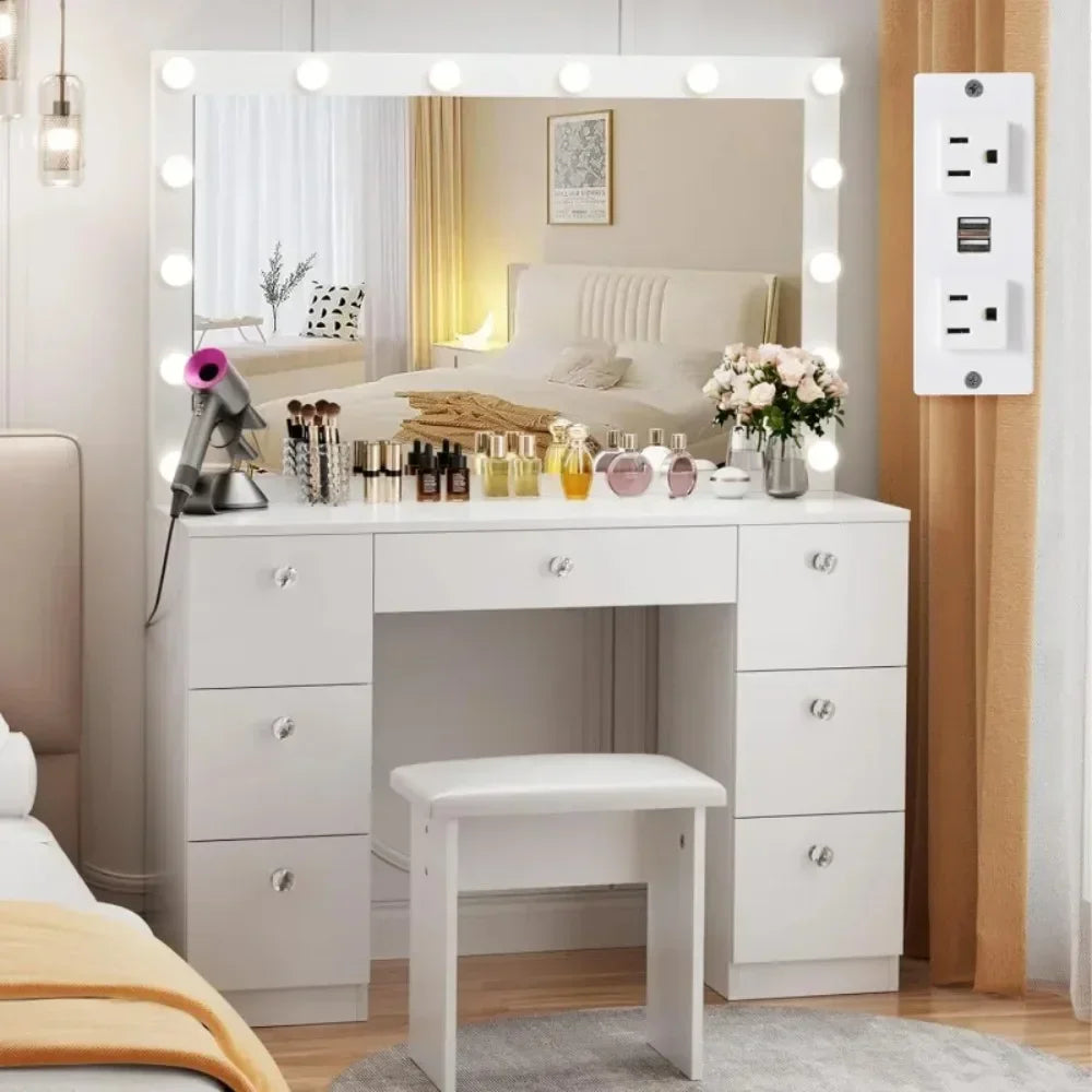 Vanity with Lighted Mirror - Makeup Vanity Desk with Power Outlet and 7 Drawers, 3 Color Lighting Modes Adjustable Brightness