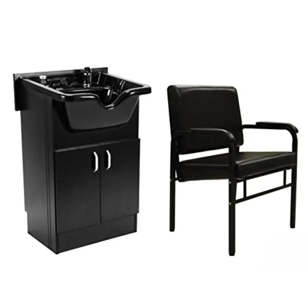 A Set of Salon Shampoo Cabinet with Shampoo Bowl, Faucet, Drain Pipe, and Black Reclining Chair, Salon Shampoo Chair