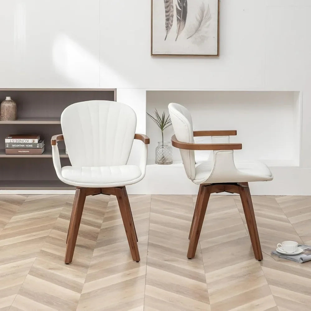 Swivel Dining Chairs Set of 2, Mid Century Modern White Faux Leather with Arms,Bamboo Legs, No Wheels,dining Room Chair