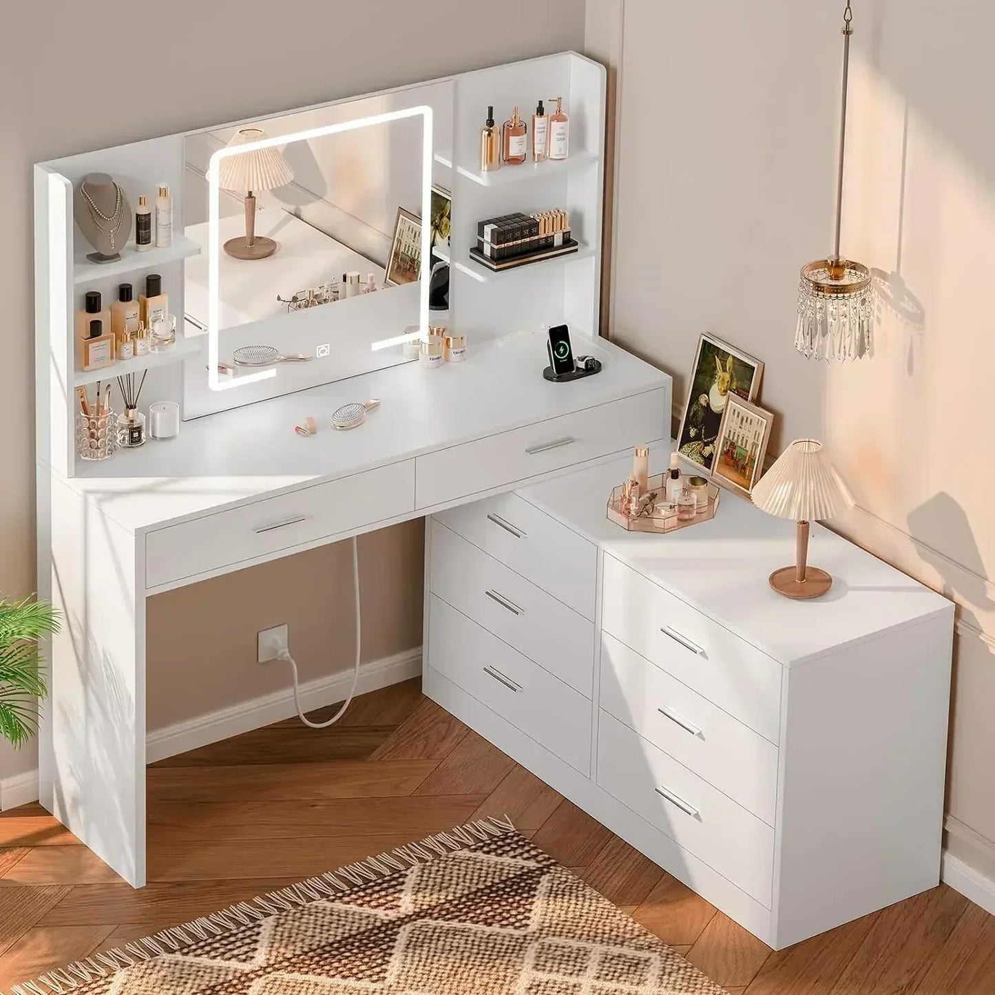 Vanity Desk with LED Lighted Mirror Power Outlet, Makeup Vanity Table with 8 Drawers & Open Shelves, Dressing Table for Bedroom