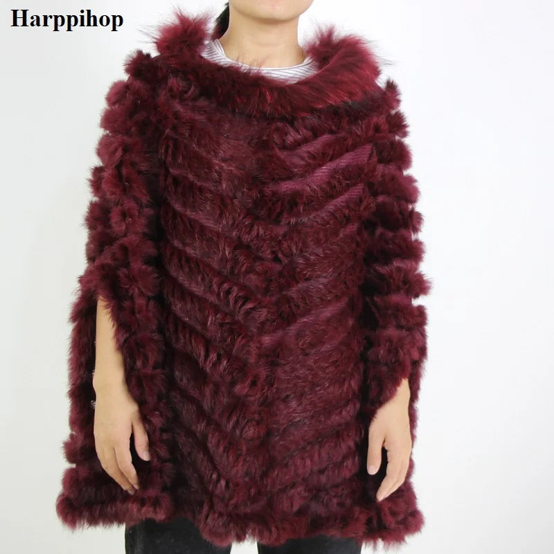 Women's Luxury Pullover Knitted Genuine Rabbit Fur Raccoon Fur Poncho Cape Real Fur Knitting Wraps Shawl Triangle Coat 2018 hot