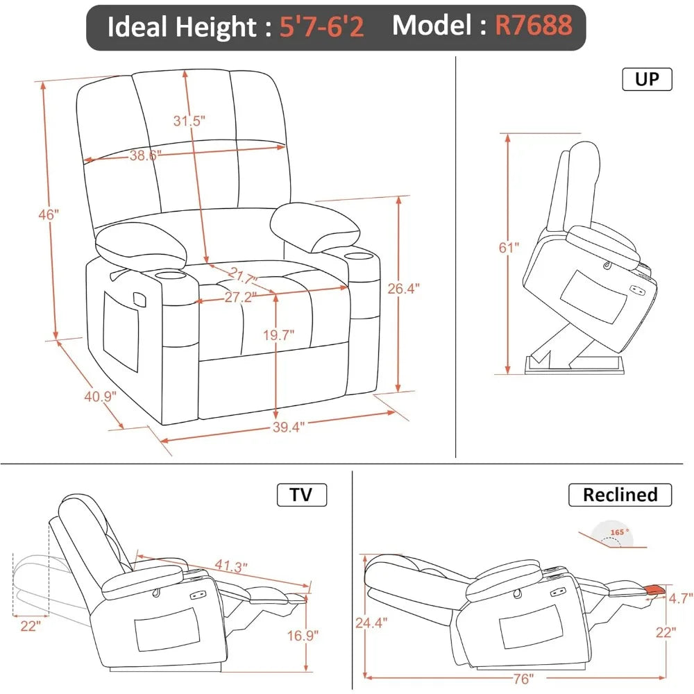 Large-Wide Lay Flat Dual Motor Power Lift Recliner Chair Sofa with Massage and Heat for Big Elderly People, Infinite Position,