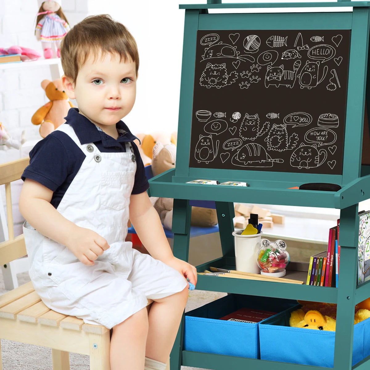 3 in 1 Double-Sided Storage Art Easel w/Paint Cups for Kid Writing Teal Frosting