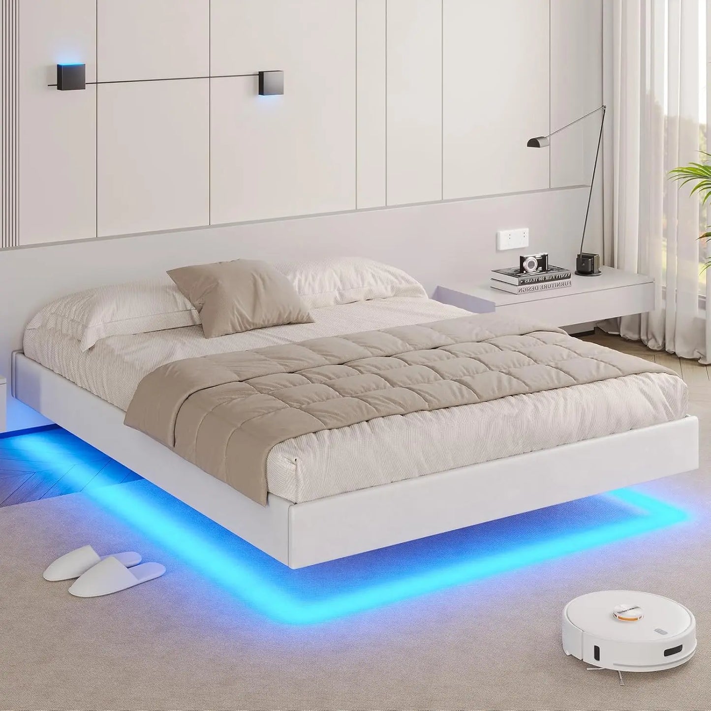 Floating Bed Frame with LED Lights Upholstered Low Profile Platform Bed Frame no Headboard Faux Leather Visual Floating Led Bed