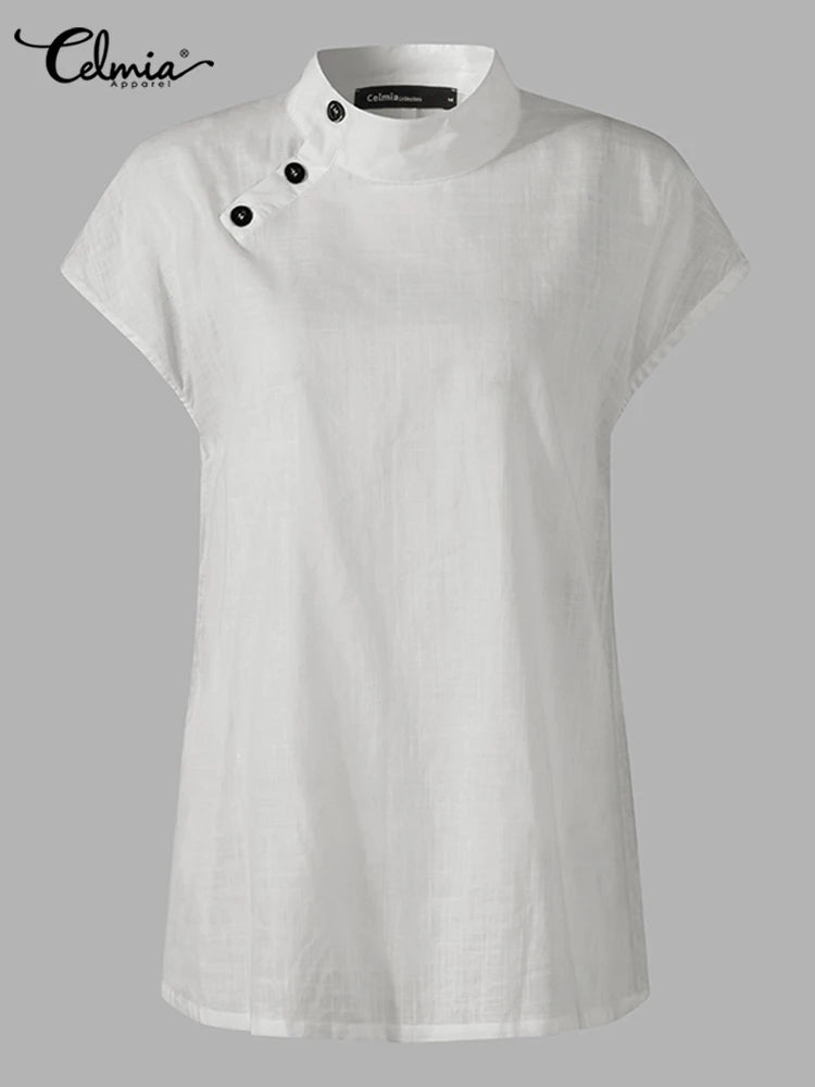 Fashion Women Blouses 2024 Summer Cotton Linen Stylish White Shirt Elegant Short Sleeve Tunics Lightweight