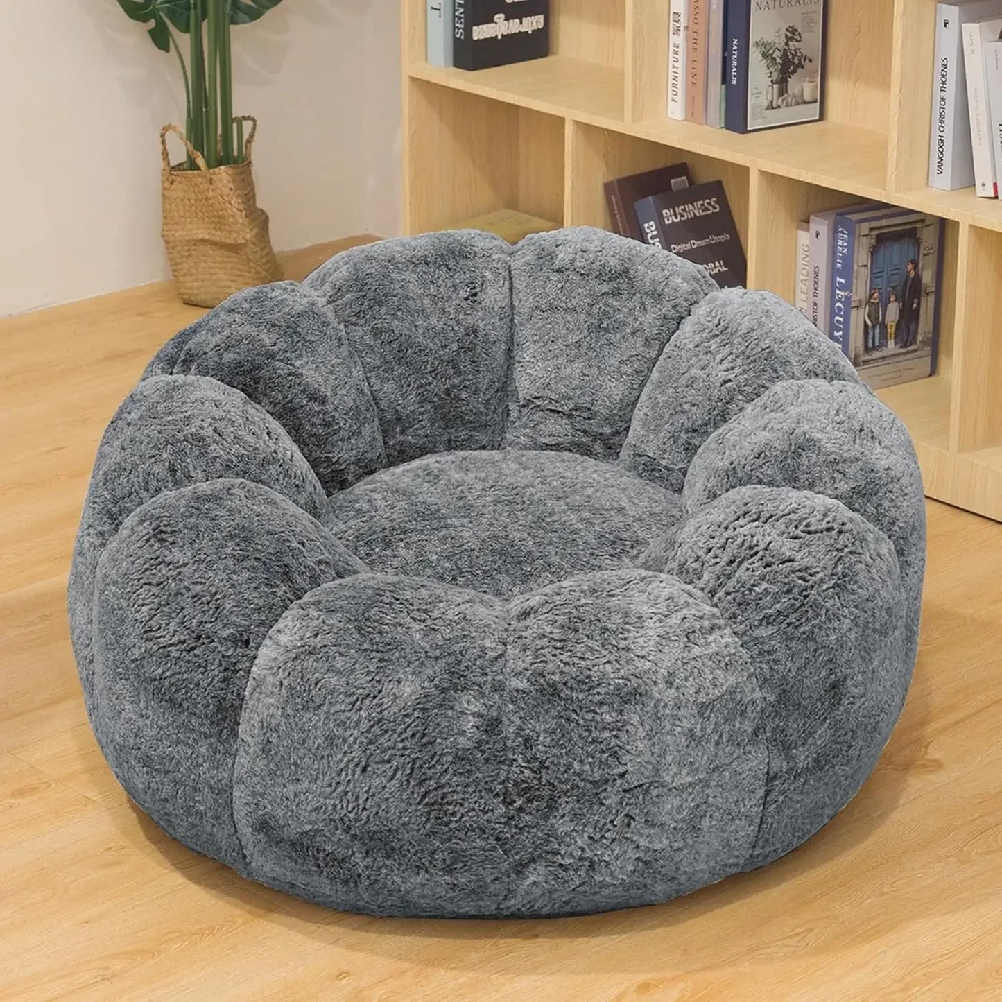 Bean Bag Sofa, Filled Bean Bag Chair, 36 Inch Low Backrest Support Petal Armrest Structure Design, Gray Bean Bag Sofa Chair