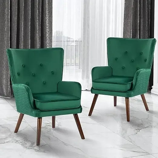 Velvet Accent Chair Set of 2, Modern Wingback Armchair with High-Back,Accent Club Arm Chair (Green),Living Room Chairs