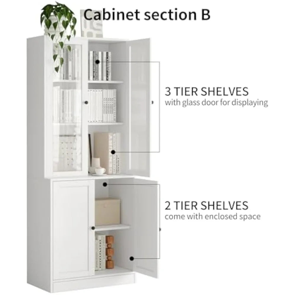 Wood Filing Cabinet With Open Storage Shelf Shelving for Books Glass Doors 5-Tier Fixed Storage Shelves for Home Office Bookcase