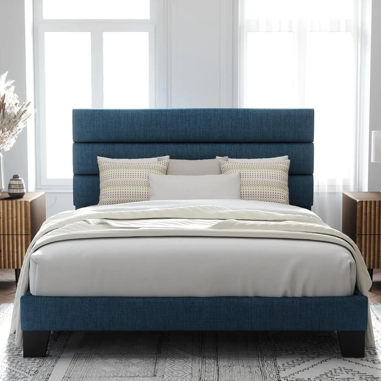 Queen Size Platform Bed Frame with Velvet Upholstered Headboard and Wooden Slats Support, Fully Upholstered Mattress