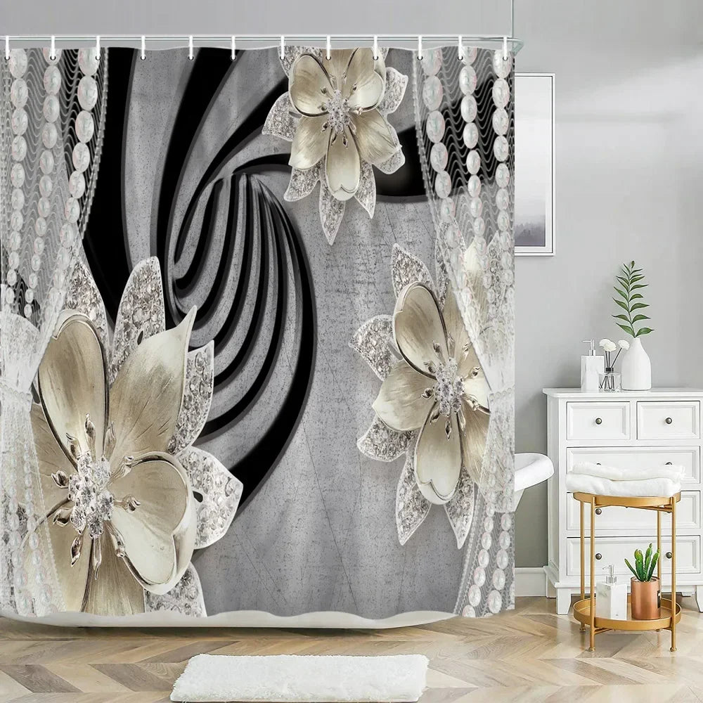 Elegant Bouquet of Fantastic White Flowers 3D Style Shower Curtain Bathroom Curtain with Bath Rug Carpet Set Floral Home Decor