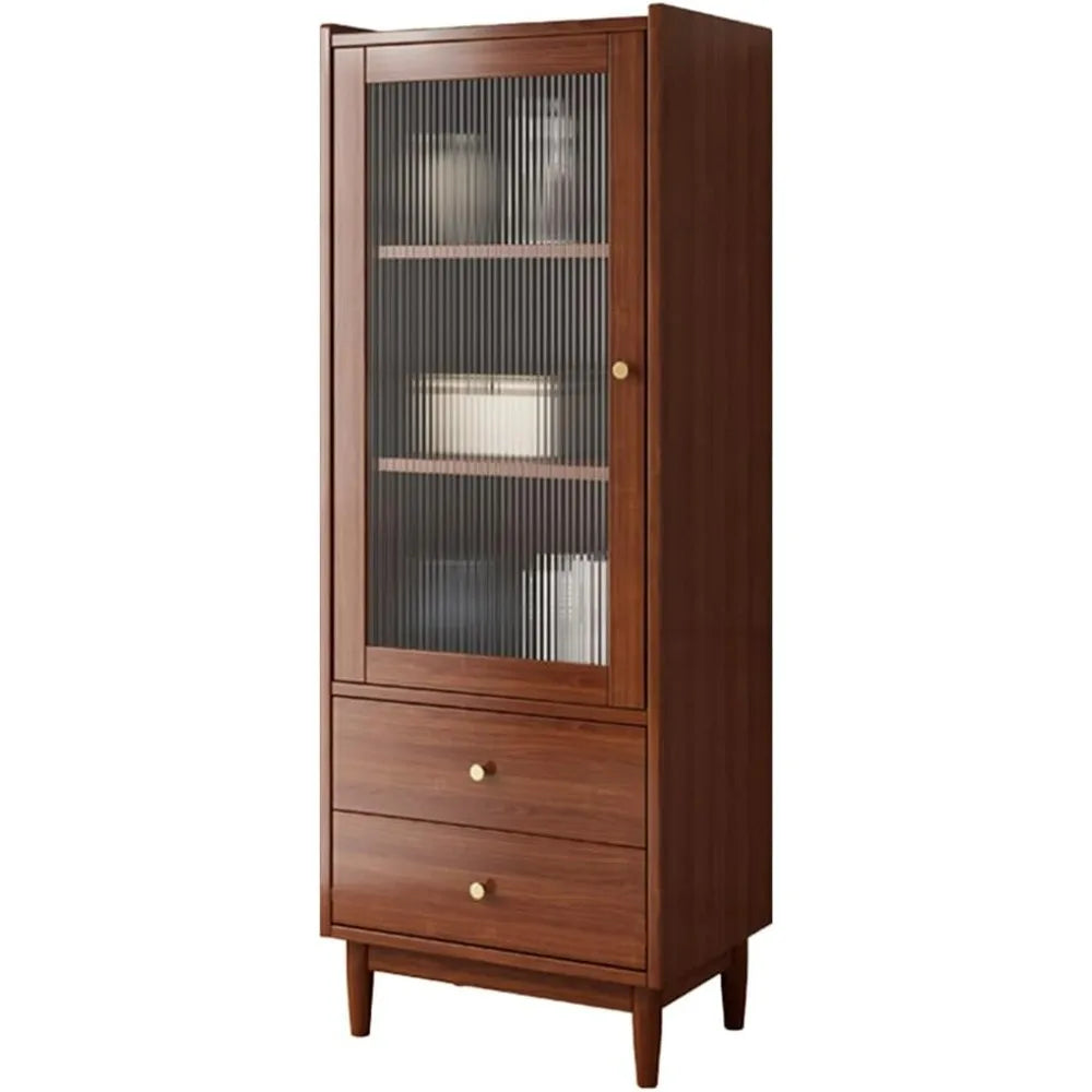 Wooden Glass Door Bookcase - 3-Tier Cube Bookshelf Storage Cabinet With Double Drawer and Adjustable Shelf Living Room Bookcase