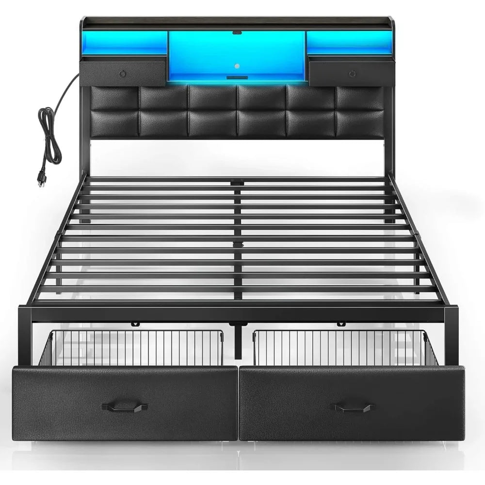 Bed Frame with Drawers and Charging Station, Upholstered Platform Bed with Storage Headboard and LED Light