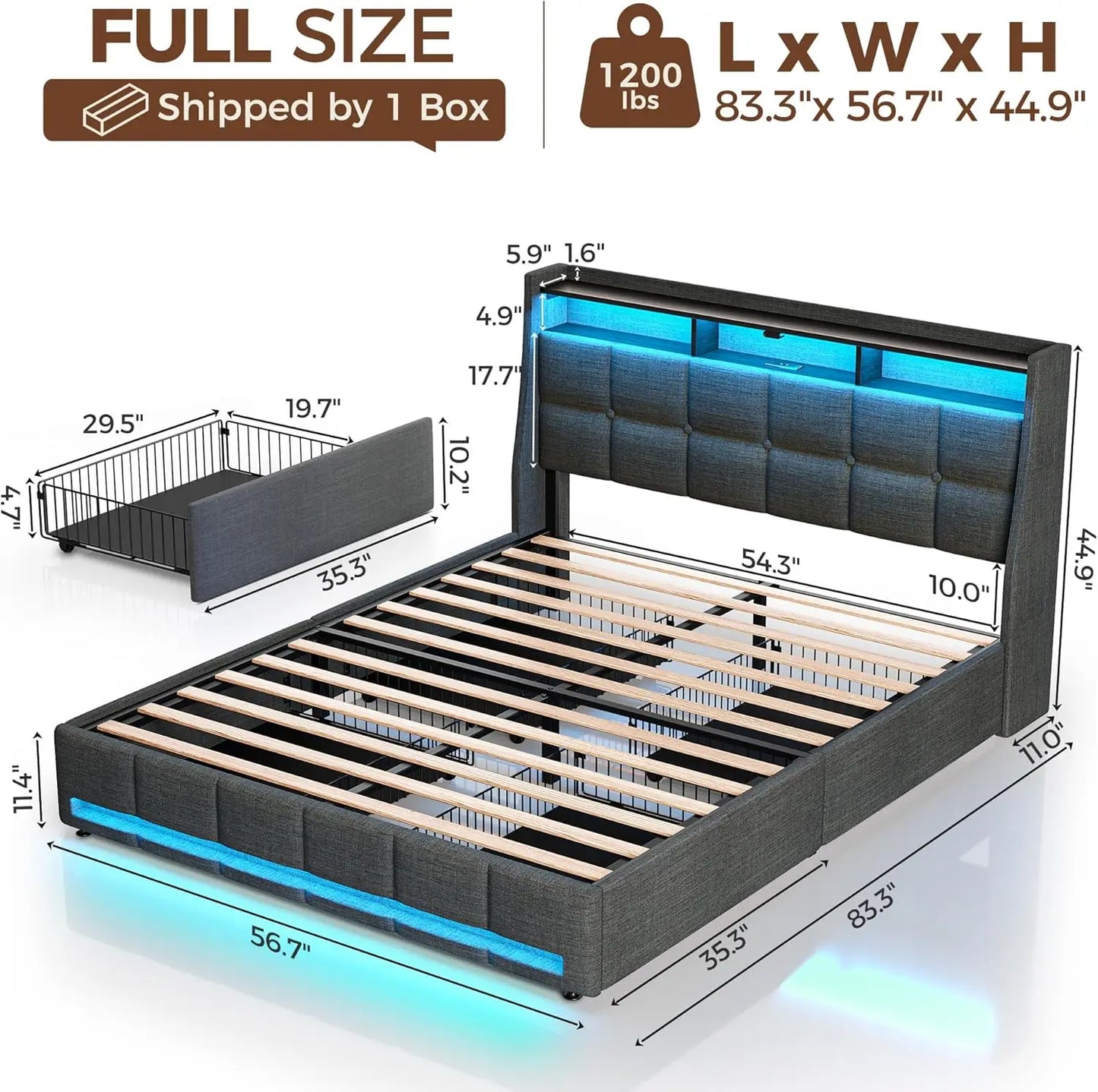 Full Size Bed Frame with LED Lights and Charging Station, Upholstered Bed Storage Headboard & Drawers, Heavy Duty Wood