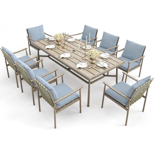 9-Piece Patio Table and Chairs Set,8 Dining Chairs, 1 Large Rectangular Table with Umbrella Hole, Aluminum Outdoor Dining Set