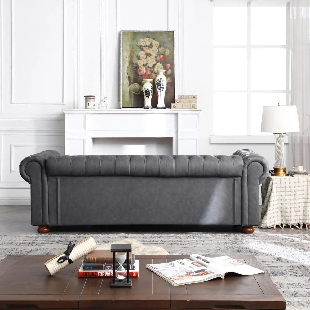 89"Faux Leather Couch Upholstered Sofa with Low Back,Roll Arm Nailhead Trim Classic 3 Seater Sofa for Living Room,Home