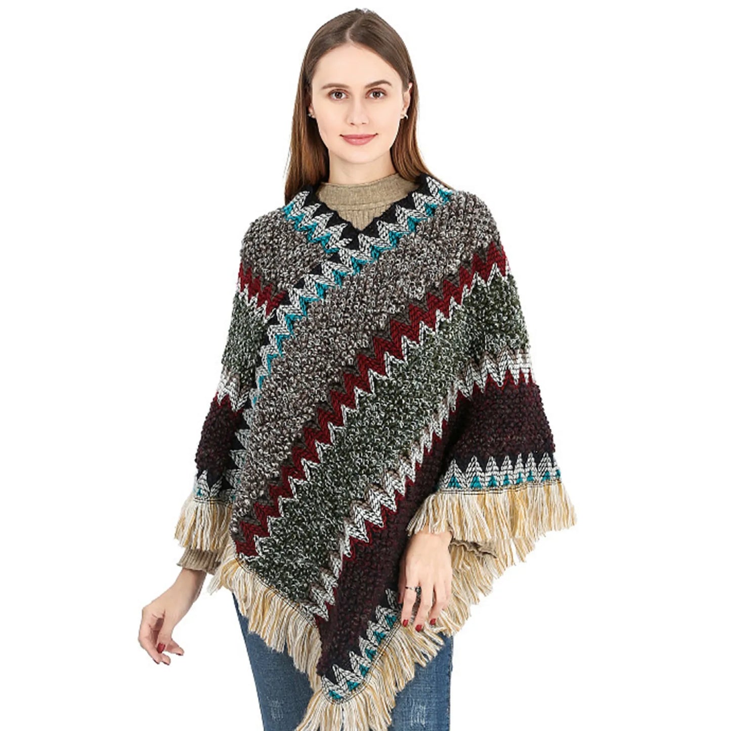 Fashion Mongolian Poncho Women'S Ethnic Style Knitted Cape Pullover Tassel Shawl Coat Overlays Knitting Wraps Women Fashion