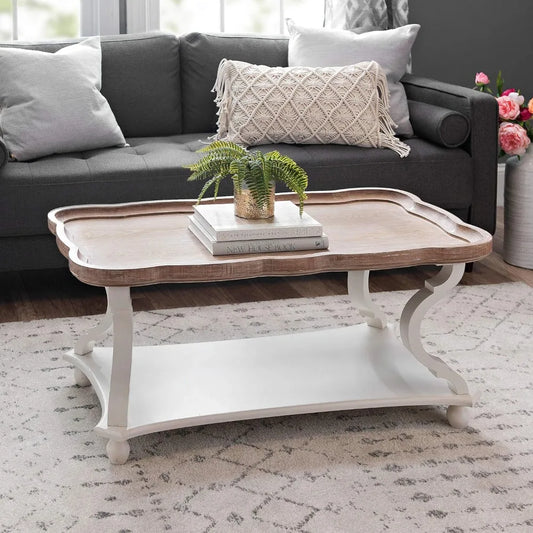 Rustic Farmhouse Cottagecore Coffee Table, Natural Tray Top Sofa Table for Family, Dinning or Living Room, Small Spaces