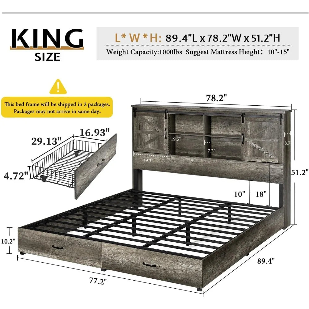 King Size Bed Frame, Wooden Platform Storage Beds with 51.2" Bookcase Headboard, 2 Drawers, Charging Station/Bed Frame