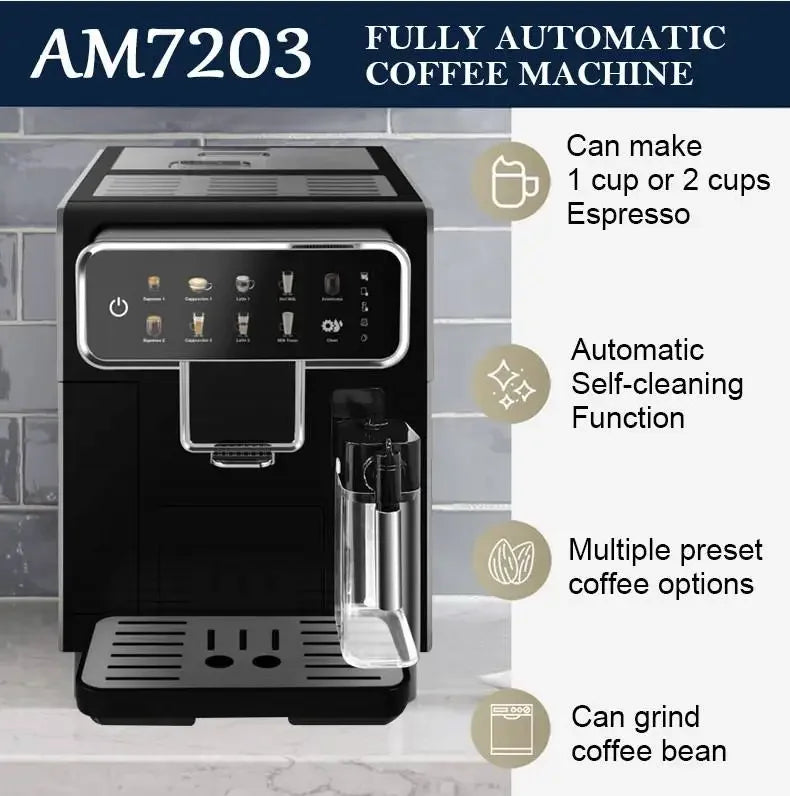 Smart Electric Automatic Coffee Maker Full Multifunctional Espresso Cappuccino Latte with Milk Tank for RV Use