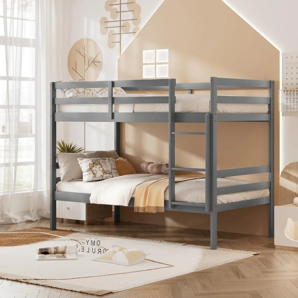 Wood Bunk Bed Twin Over Twin, with Ladder & Safety Guardrail, Solid Wood Bed Frame, No Box Spring Needed, Kids Bunk Bed