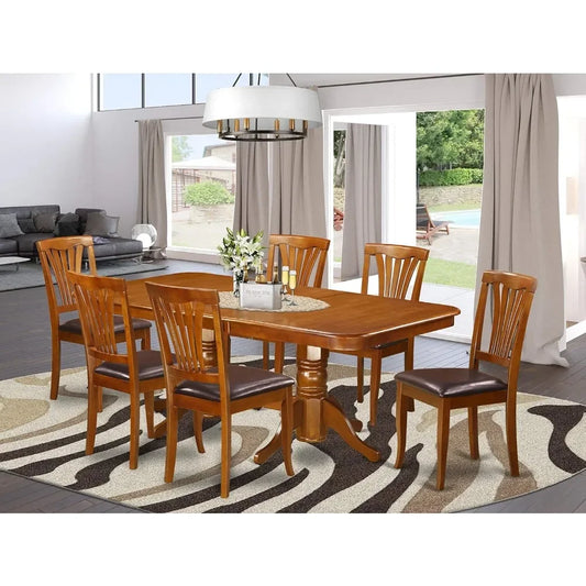 7 Piece Kitchen Set Consist of a Rectangle Table with Butterfly Leaf and 6 Faux Leather Dining Room Chairs, 40x78 Inch