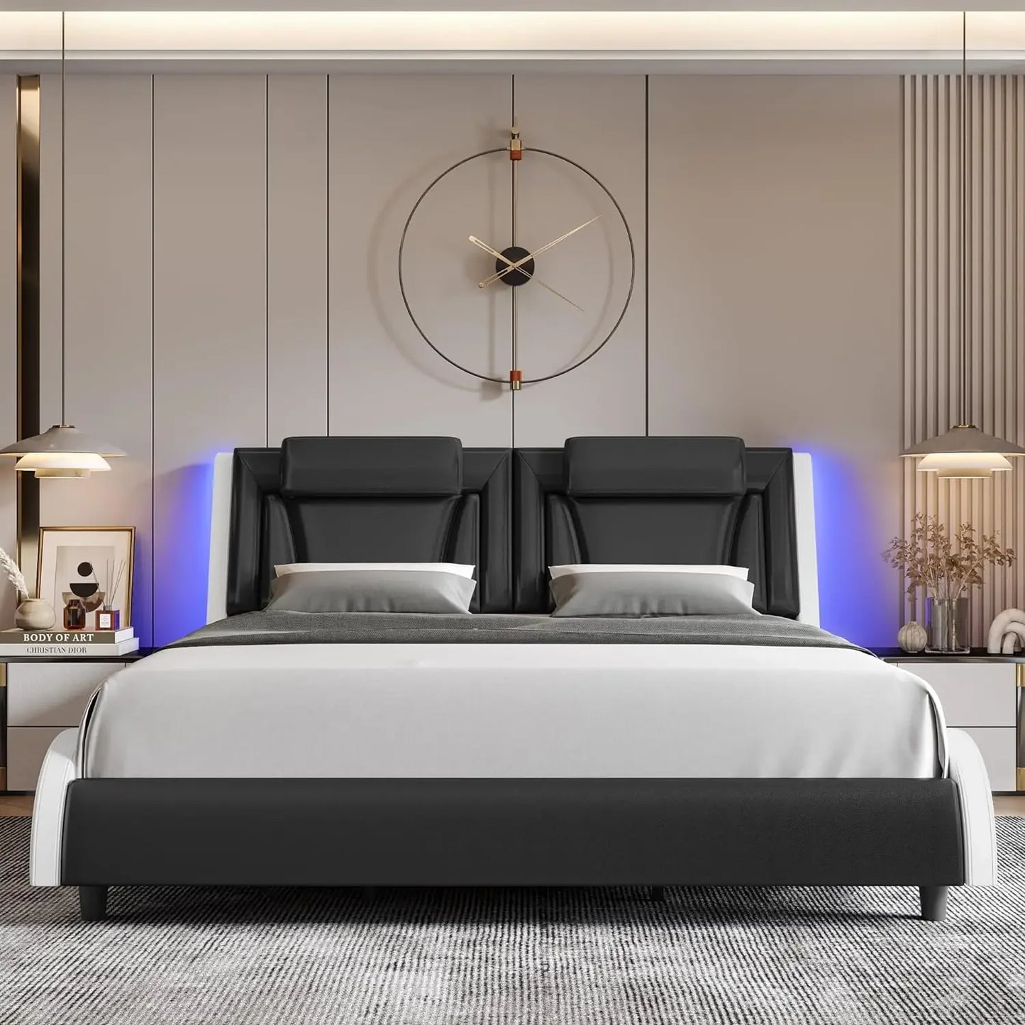 Upholstered Platform Bed Frame with Adjustable LED Headboard,Pu Leather,Wave-Like Curve Design and Solid Wooden Slats Support