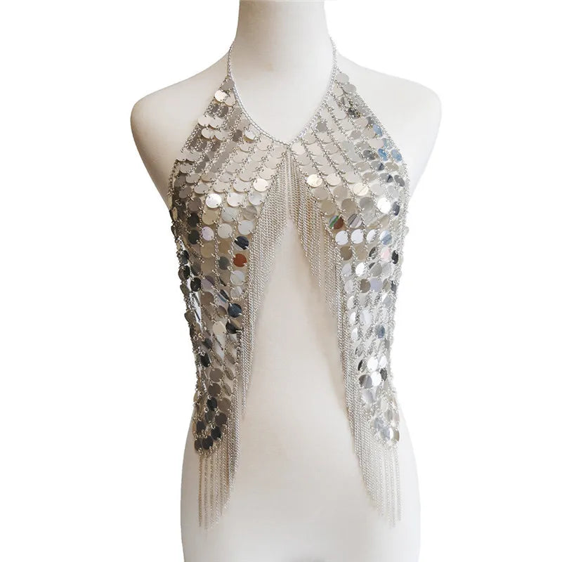 Sequin Goddess Halter: Handmade Acrylic Sequins, Metal Chain. Perfect for festivals and club parties.