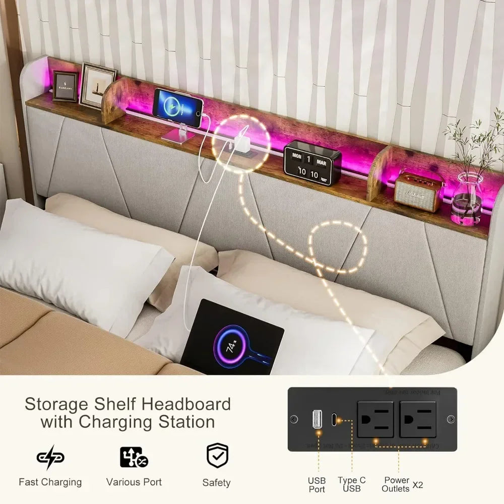 California King Bed Frames with Charging Station & Storage Shelf Headboard with USB Ports Upholstered Cal King LED Bed Frame