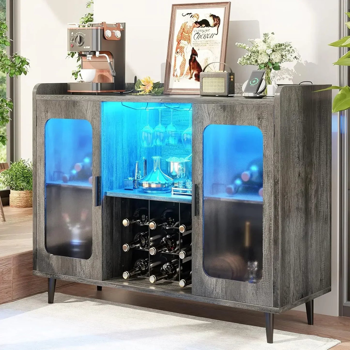 Wine Bar Cabinet with Power Outlet, Liquor Cabinet Bar with LED Light and Glass Holder, Home Coffee Bar Cabinet