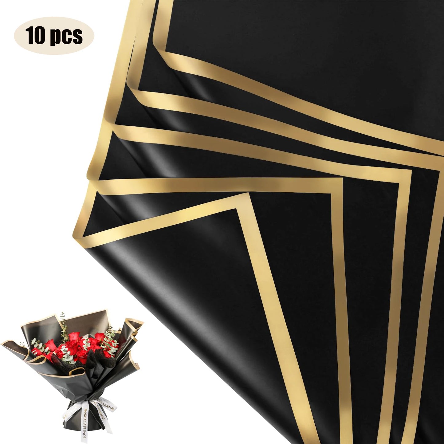 10 Sheets Flower Wrapping Paper with Golden Edges, Waterproof Bouquet Packaging - Ideal for DIY Weddings & Birthdays