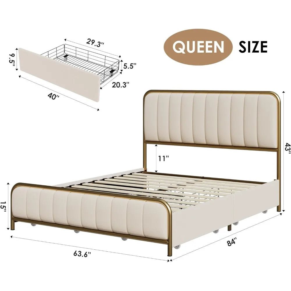 Upholstered Bed Frame with 4 Storage Drawers and Headboard, Heavy Duty Metal Mattress Foundation with Wooden Slats Easy Assembly