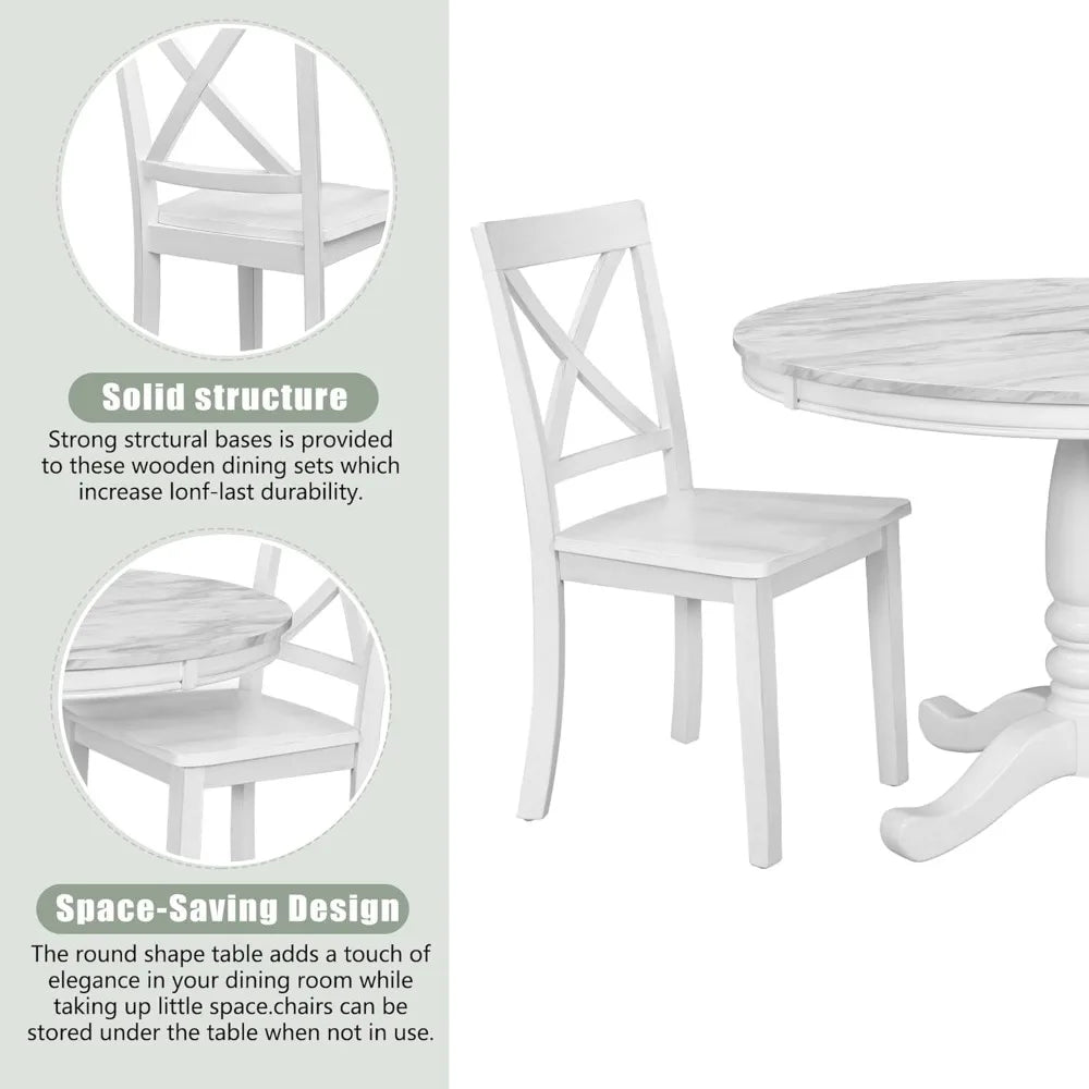 5-Piece Round Table and Chairs Set, with Marble Veneer Top and Wood Frame ,Dining Table and Chairs