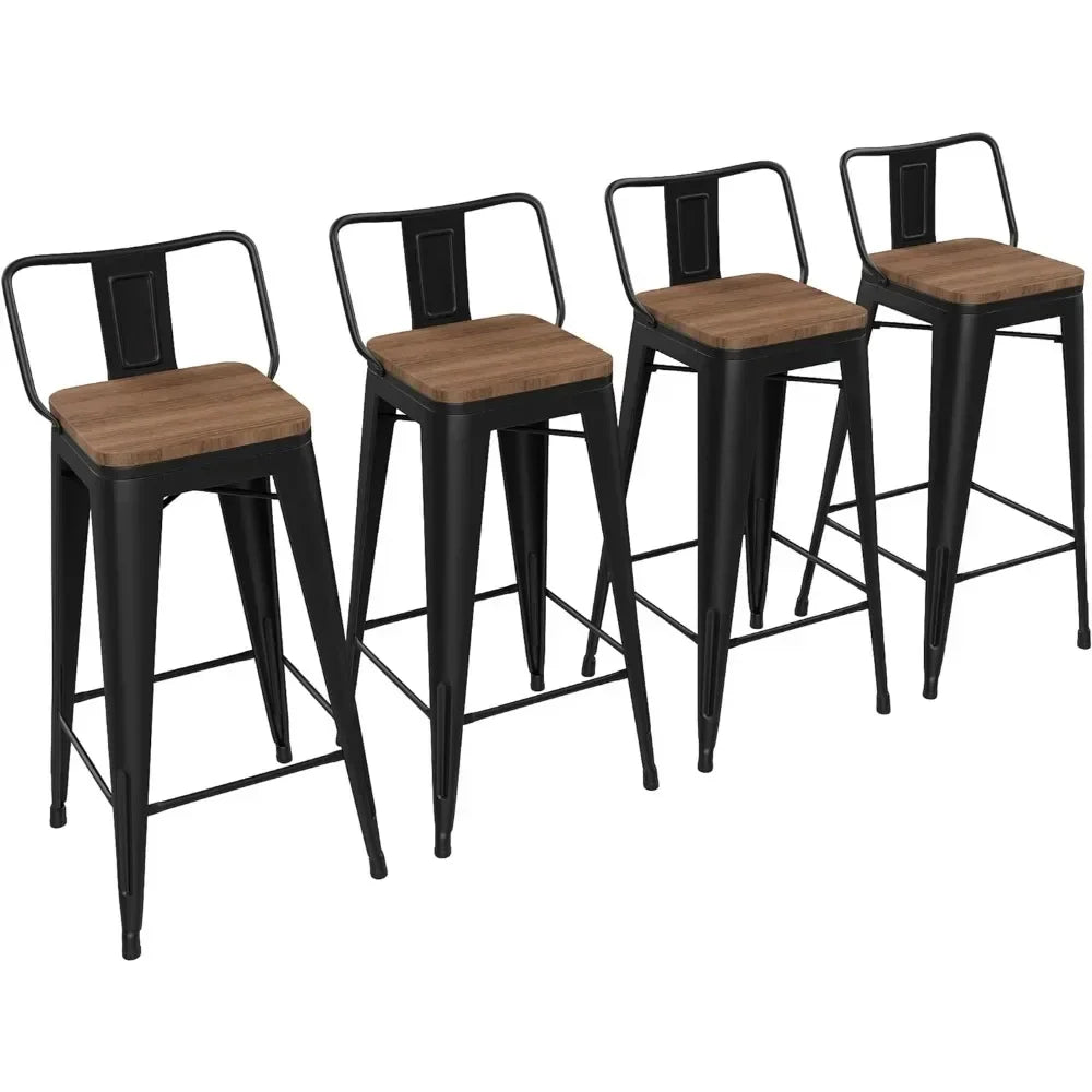 30 Inch Bar Stools Set of 4 Bar Height Metal Barstools with Wood Seat Low Back Kitchen Bar Chairs Matte Black Living Room Chairs